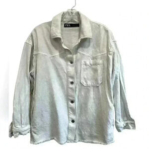 Zara Corduroy Shacket Jacket Cropped Oversized Cotton Cream Large Fringed Hem